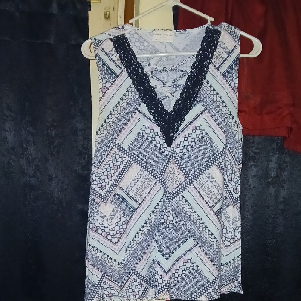 Bobbie Brooks Blue Geometric Lace Trim Blouse